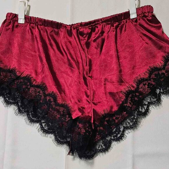 Red Satin Lace Trim Pajama Shorts - Picture 2 of 2